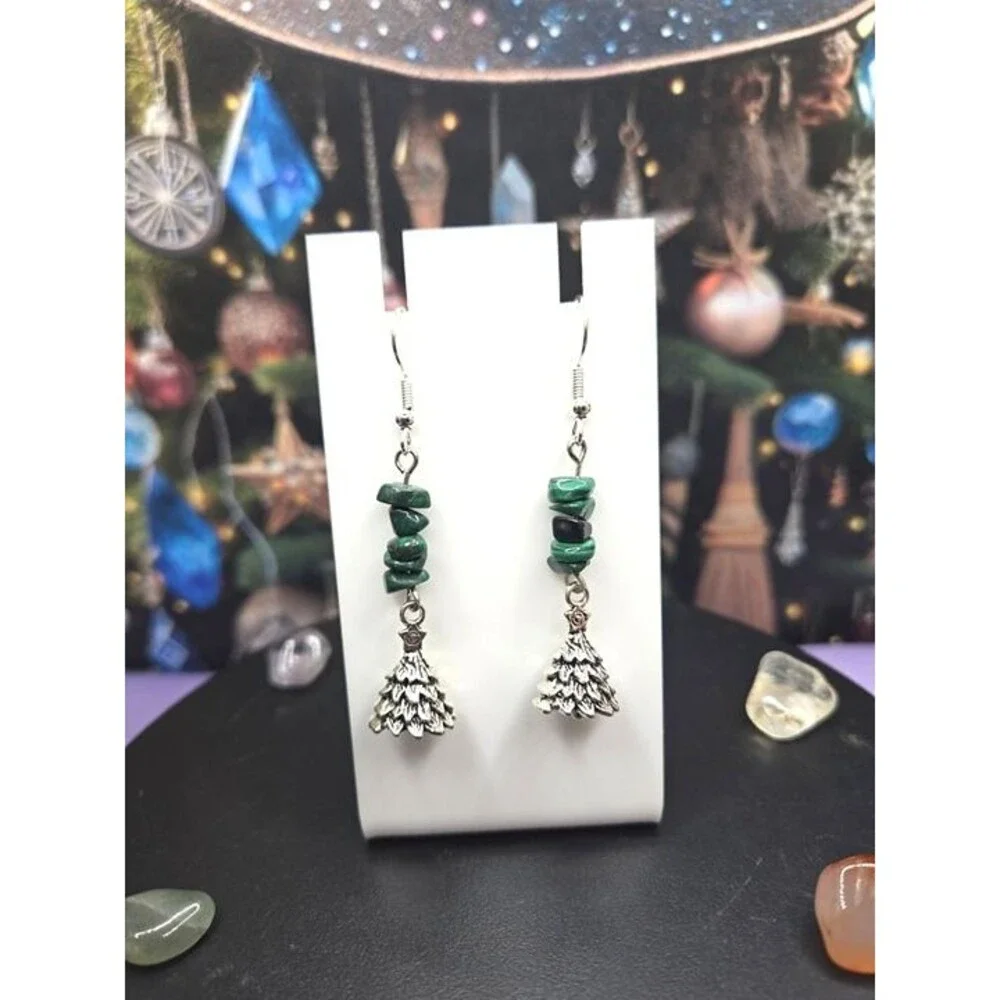Malachite Chips Christmas Tree Charm Gemstone Festive Earrings